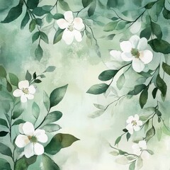 Abstract watercolor green leaves and white flowers on pastel background. 