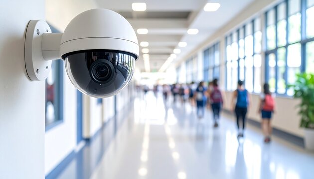 Security camera in school hallway. Blurred students walking - Powered by Adobe