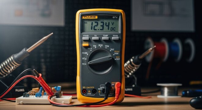 Digital multimeter on workbench with tools