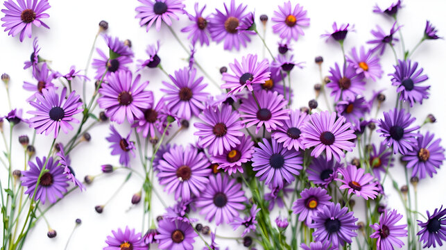 Blur,Purple flowers  on white background. The white background filled with purple  flowers scattered. Purple daisies spread out on white background. Freshness and beautifulness  purple flowers.