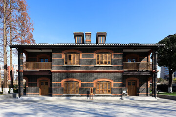 Old red brick house building