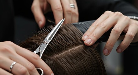 Hair Cutting with Shiny Scissors and Comb on Short Brown Hair