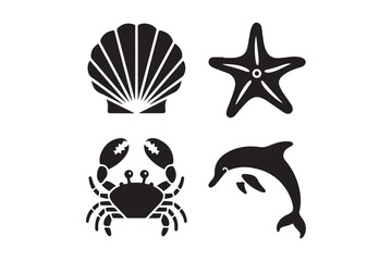 Black silhouette icons of seashell starfish crab and dolphin