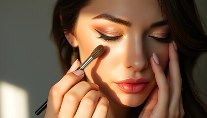 Fototapeta premium In soft light, a woman gently blends shimmering eyeshadow across her eyelids with a small brush. Her porcelain skin and rich dark hair add elegance to the glowing effect.