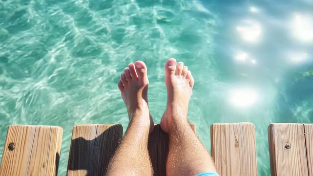Man relaxing on a wooden pier with his feet dangling over turquoise water