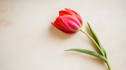 A single tulip lies flat on a beige background, softly lit from above with selective focus.