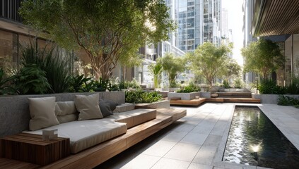 Obraz premium Urban oasis with modern seating and lush greenery