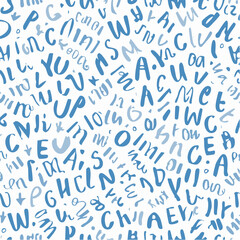 Fototapeta premium Funky seamless pattern with brush drawn playful alphabet letters. Blue and white handwritten vector latin calligraphy.