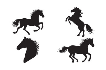 Dynamic silhouettes of four horses in motion and portrait