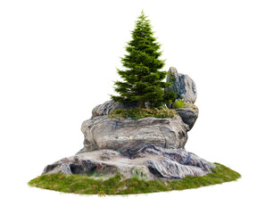 pine tree on small rock mountain, 3d illustration rendering