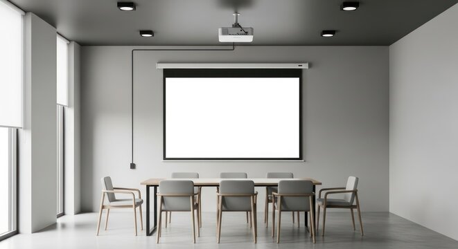 Modern conference room with projector screen and chairs.