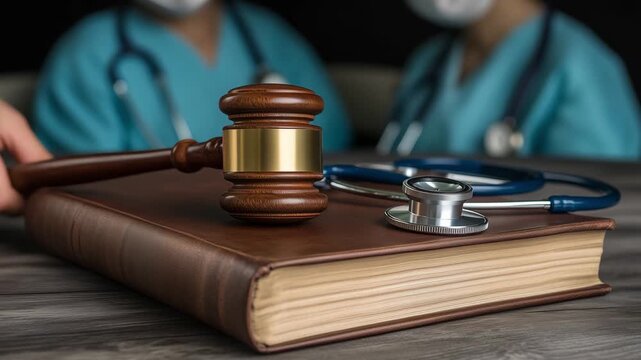 Legal principles intersect with medical practice as a gavel and stethoscope rest on a legal book, emphasizing the importance of healthcare law