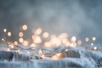 A serene and magical scene of warm golden fairy lights creating a beautiful bokeh effect on a cool, soft background, perfect for festive ambiance.
