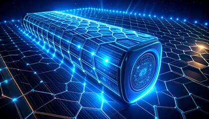 A digital, cylindrical structure glows with intricate blue neon patterns. 