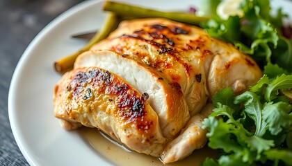 Close-up of roasted chicken breast arranged neatly on a plate with steamed vegetables, lemon garnish, and fresh leafy salad.