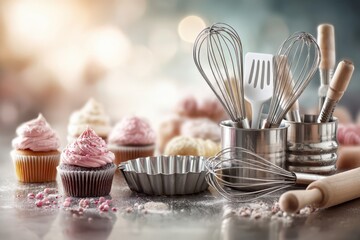 Delicious pink cupcakes and baking tools on a floured surface with a bokeh background.