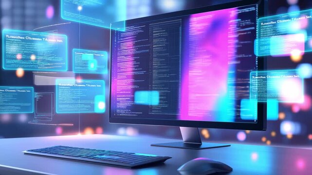 A computer displays lines of code alongside colorful digital elements in a modern workspace filled with technology