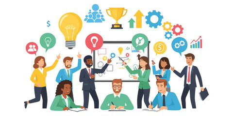 Business team brainstorming idea. Teamwork collaboration in office meeting for creative solution. People group discussion with lightbulb for innovation, strategy and success.