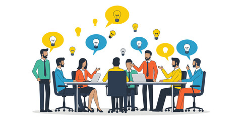 Business team brainstorming idea. Teamwork collaboration in office meeting for creative solution. People group discussion with lightbulb for innovation, strategy and success.