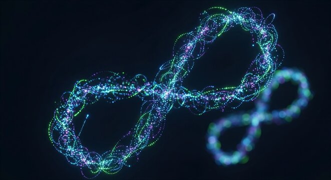A glowing intricate infinity symbol composed of swirling blue green and purple particles against a dark background with a blurred secondary symbol - Powered by Adobe