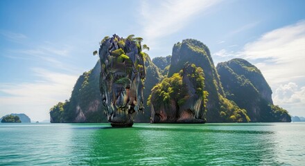 Dramatic limestone islands rise from turquoise water