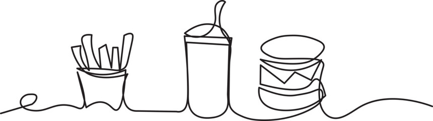 french-fry, drinks with burger line art vector.