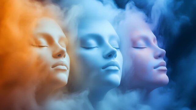 Three divine women faces peacefully emerge through colorful smoke, showcasing various expressions and emotions
