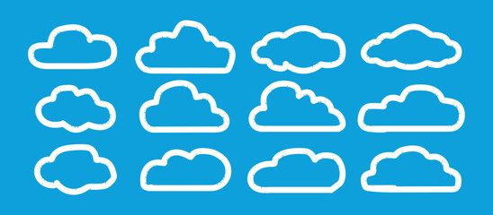 Adorable Cartoon Cloud Designs on Blue Sky Background – A Vector Illustration Set of Flat Style Realistic Elements for Modern Logos, Digital Icons, and Creative Branding Projects