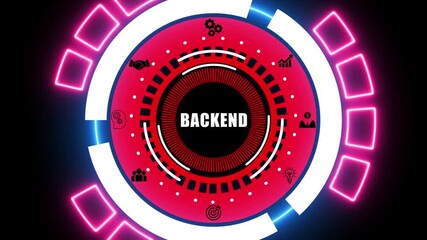 Backend Technology Concept with Futuristic Neon Interface and Icons Keywords: Backend, technology, digital, futuristic, concept, server, database, development, innovation
