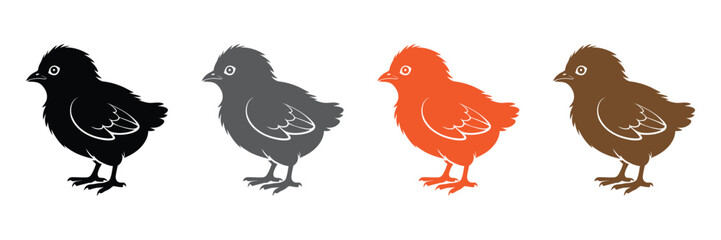 Baby chicks in different colors, cute animal illustration,Chick icon symbol collection.Chick in trendy flat style isolated on grey background. Easter symbol for your web design,