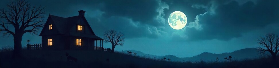 Spooky Halloween night scene with a haunted house silhouetted against a full moon and a dark, ominous sky  Perfect for Halloween-themed projects, websites, and social media posts , shadow, sky