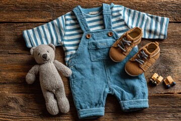 Adorable baby's clothes, teddy bear, and tiny shoes on a warm wooden surface