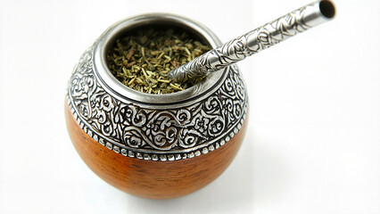 Wooden calabash with silver bombilla, isolated, calabash and bombilla, cultural blogs, travel magazines, lifestyle advertising, cultural tourism campaigns, editorial articles, educational visuals