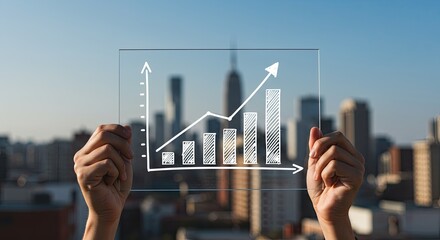 Hand Holding Growing Chart Against Urban Skyline on Clear Day