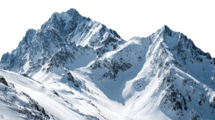 Snow covered mountain peaks with steep rocky slopes in winter landscape isolated on transparent background