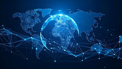 A digital depiction showcasing the Earth, illuminated, overlaid on a world map with a network of interconnected lines, representing global data flow and communication networks. 