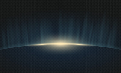 Template of rising sun on planet overlay. Glowing light rays over round big object. Star light flare over Earth or planet. Golden warm glowing light on transparent background. 