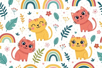 Fototapeta premium Cute Cats Colorful Seamless Pattern Background 