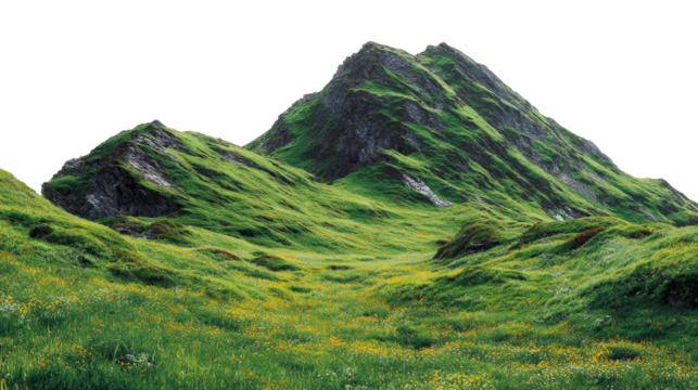 Lush green mountain with rocky cliffs and yellow wildflower meadow isolated on transparent background