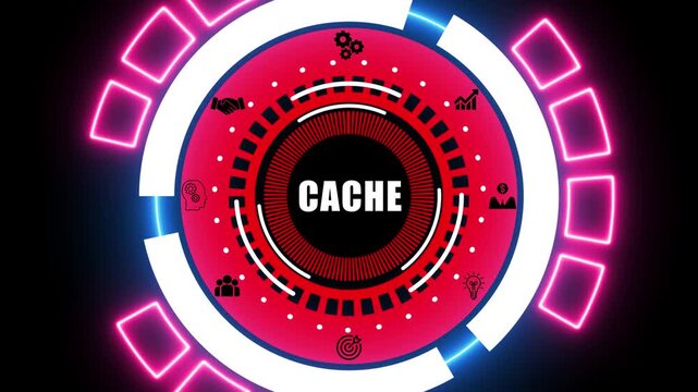 Digital Cache Concept with Technology Icons and Neon Geometric Design memory storage
