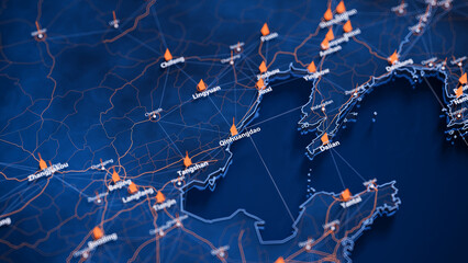 Qinhuangdao map big data visualization. Futuristic map infographic of city in China. Visual map data complexity in modern blue and orange colors