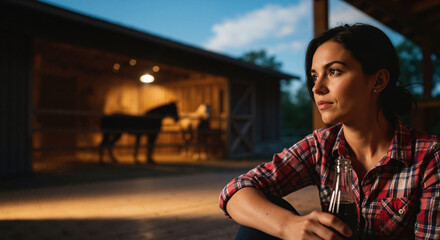 A young cowgirl relaxing with a drink on a farm at dusk. Woman sitting outside a horse stable in the evening. Rural country lifestyle concept