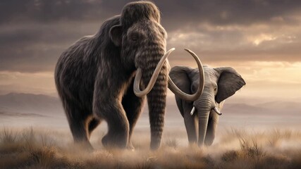 A woolly mammoth stands beside an elephant as they move through a foggy terrain, showing the concept of evolution