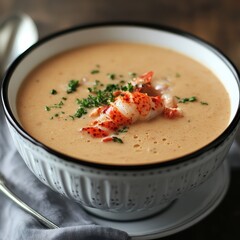 Realistic image of delicious and attractive lobster cream soup for restaurant menu