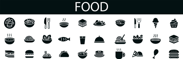 Minimal Food Icon Set – Monochrome Line Style Illustrations of Meals, Ingredients, Utensils & Culinary Elements