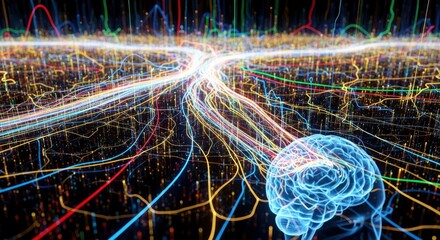A glowing translucent brain emits numerous multicolored light trails that spread across a dark data-filled background with shimmering points and lines