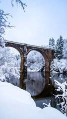 Snowy bridge over a frozen river