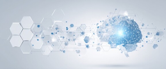 Abstract illustration of a brain with interconnected hexagons and particles