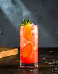 Red cocktail with orange slice and mint