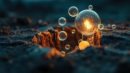 Ancient frozen soil cracks open with ethereal, glowing CO2 bubbles escaping into the atmosphere.